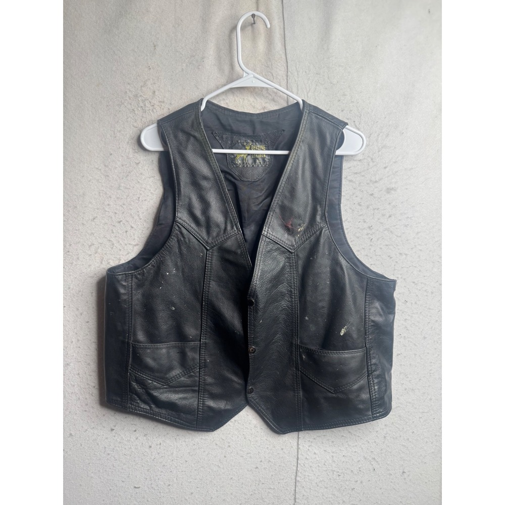 Vintage Genuine Leather Biker Vest Black XL Distressed Motorcycle Snap Front